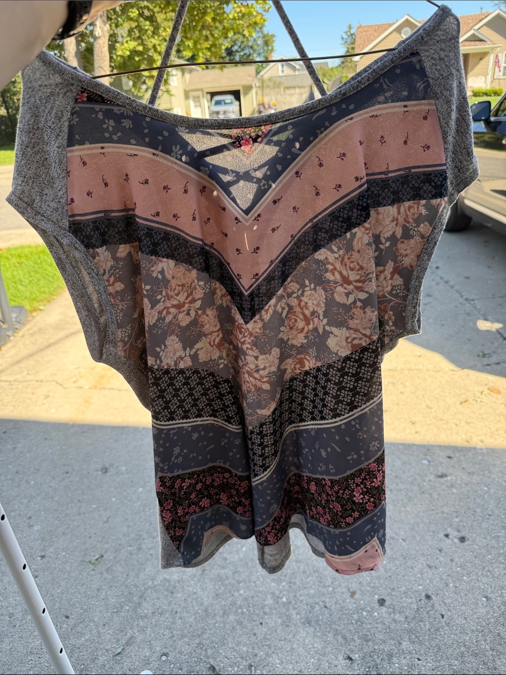 Maurices Floral Patchwork Flutter Sleeve Top in Pink and Gray